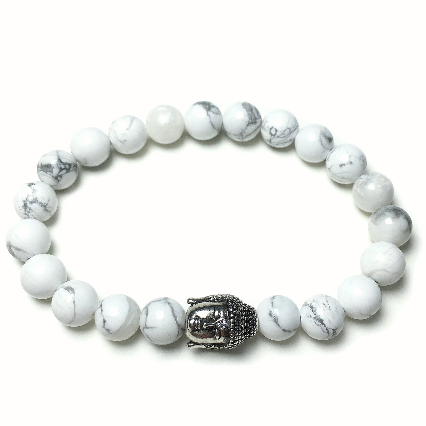 Howlite Gemstone with Buddha Head Charm Handmade Elastic Bracelet