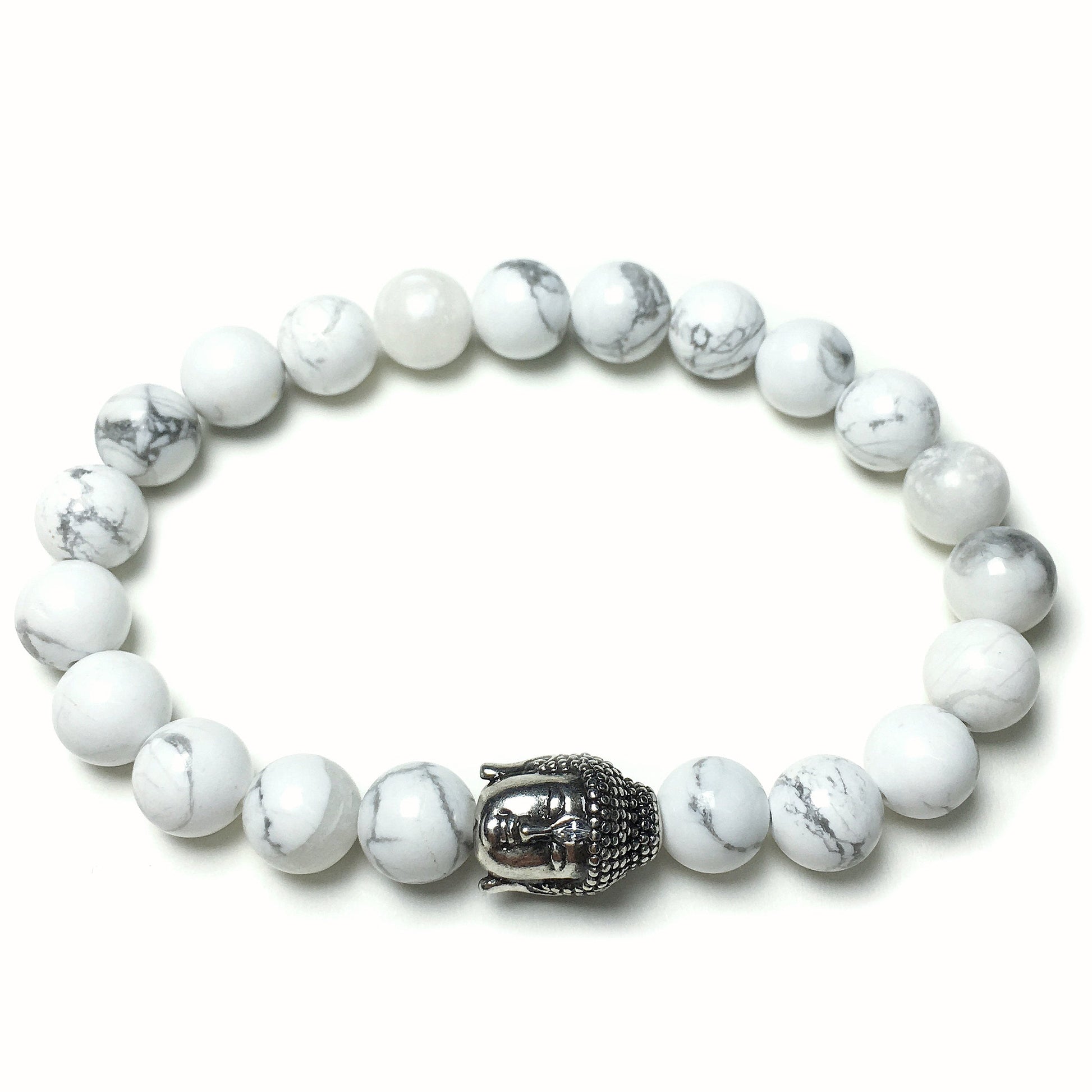 Howlite Gemstone with Buddha Head Charm Handmade Elastic Bracelet
