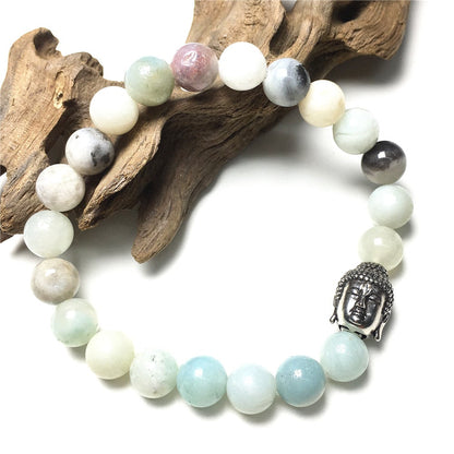 Amazonite Gemstone with Buddha Head Charm Handmade Elastic Bracelet