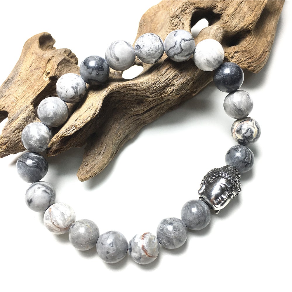 Map Stone Gemstone with Buddha Head Charm Handmade Elastic Bracelet