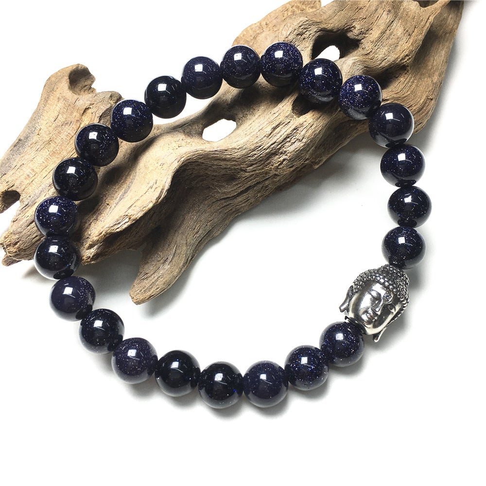 Blue Sandstone Gemstone with Buddha Head Charm Handmade Elastic Bracelet