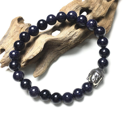 Blue Sandstone Gemstone with Buddha Head Charm Handmade Elastic Bracelet