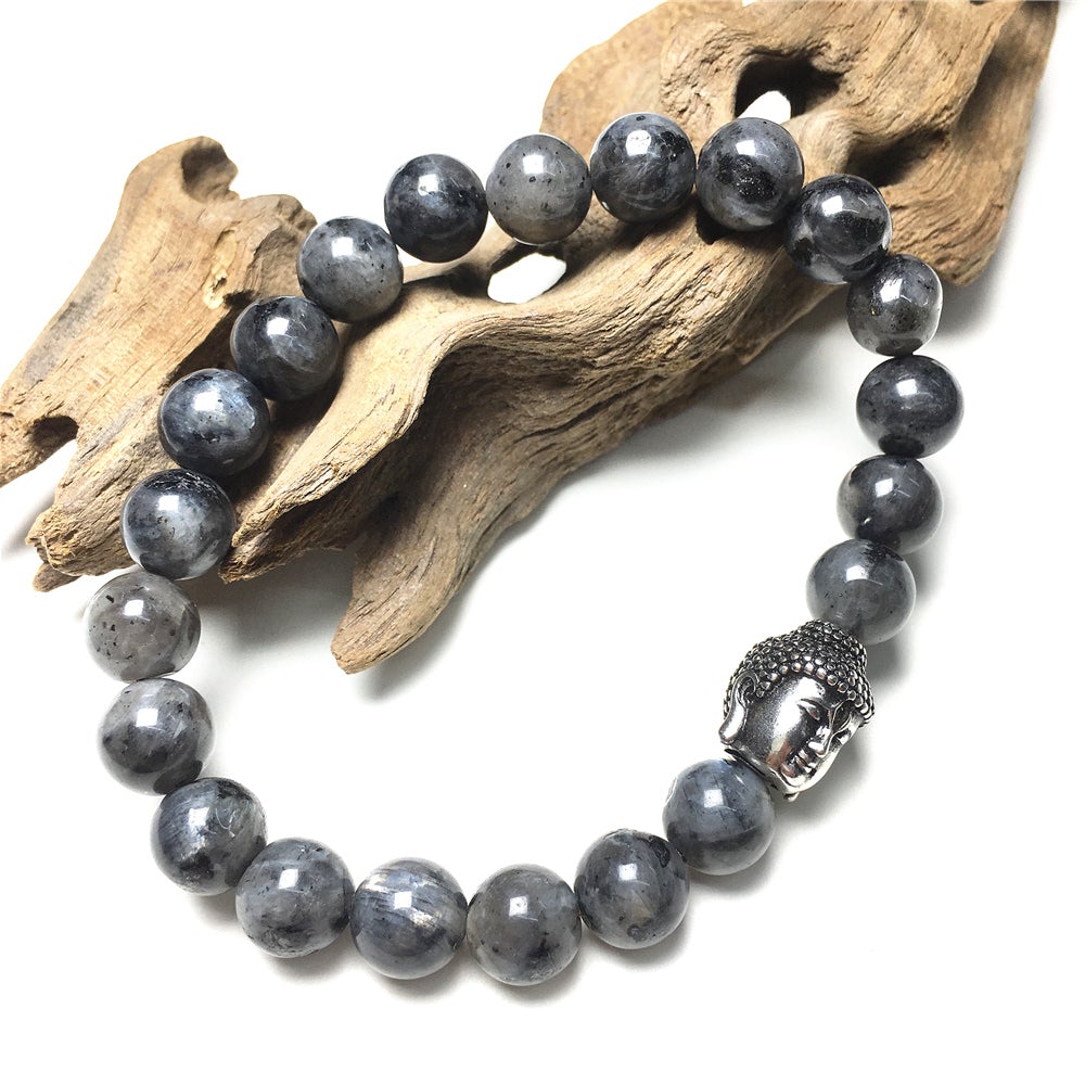 Labradorite Gemstone with Buddha Head Charm Handmade Elastic Bracelet