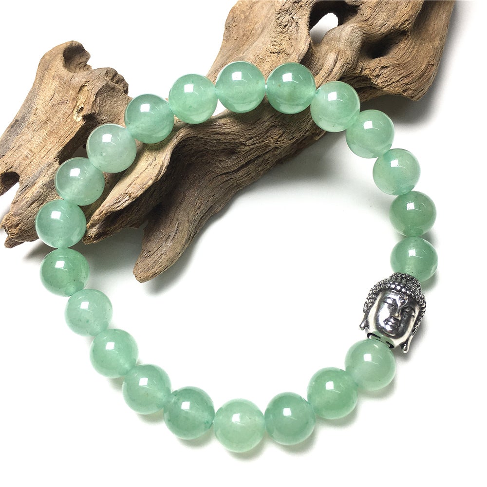 Green Adventurine Gemstone with Buddha Head Charm Handmade Elastic Bracelet