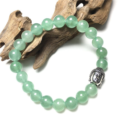 Green Adventurine Gemstone with Buddha Head Charm Handmade Elastic Bracelet
