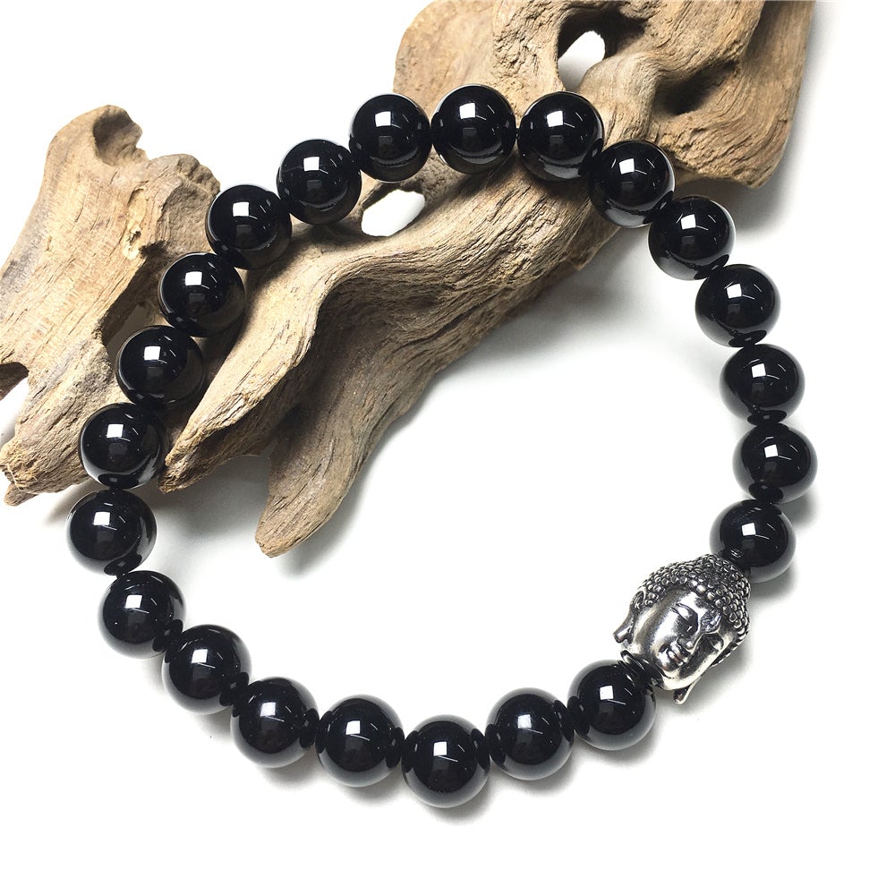 Black Onyx Gemstone with Buddha Head Charm Handmade Elastic Bracelet