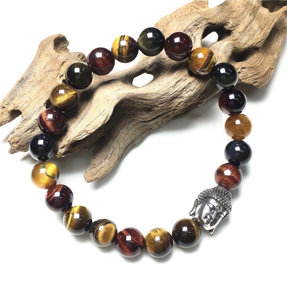 Multi Color Tigereye Gemstone with Buddha Head Charm Handmade Elastic Bracelet