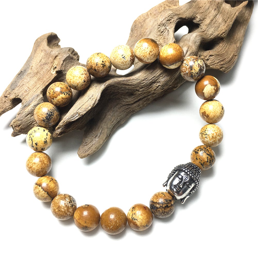 Picture Jasper Gemstone with Buddha Head Charm Handmade Elastic Bracelet