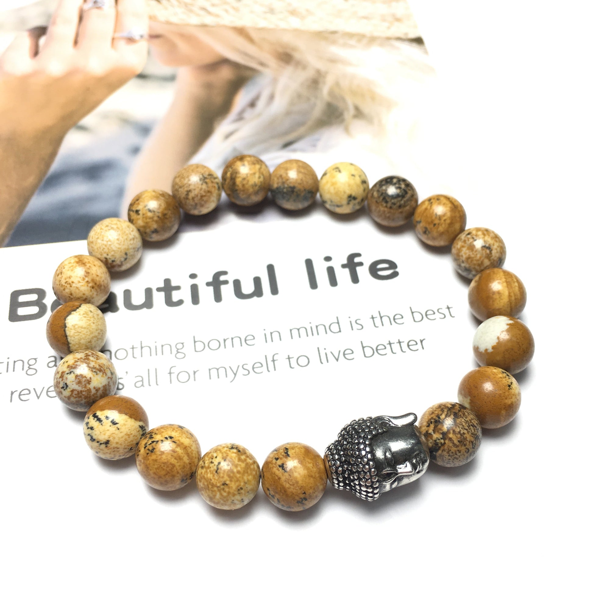 Picture Jasper Gemstone with Buddha Head Charm Handmade Elastic Bracelet