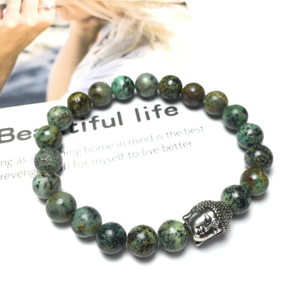 African Turqoiuse Gemstone with Buddha Head Charm Handmade Elastic Bracelet