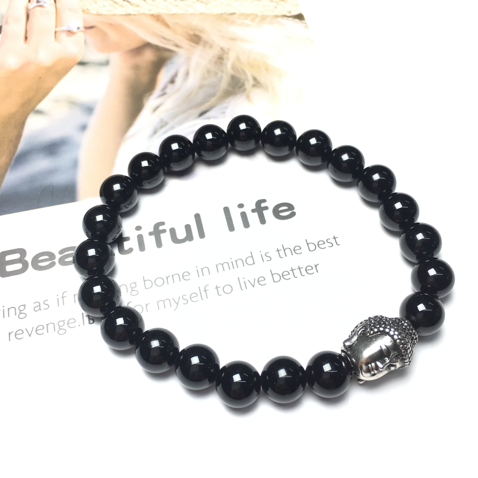 Black Onyx Gemstone with Buddha Head Charm Handmade Elastic Bracelet