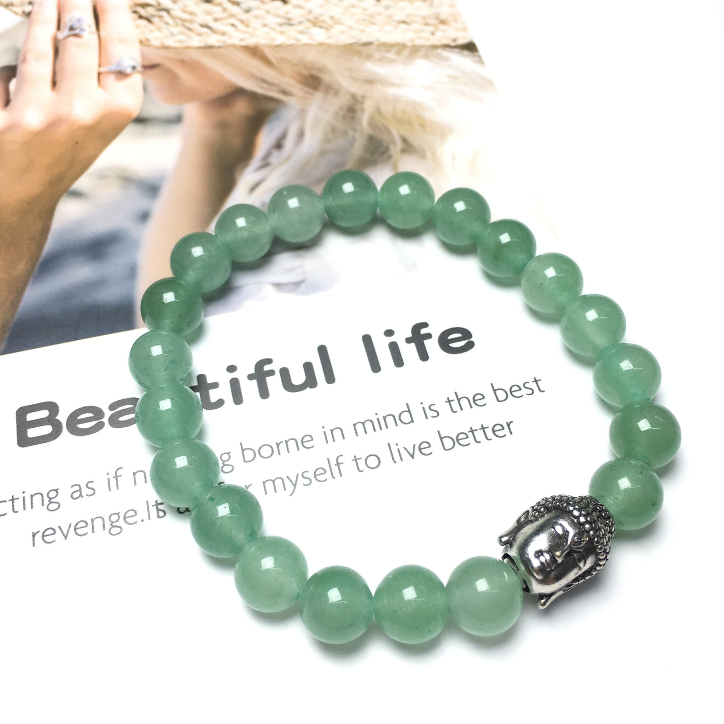 Green Adventurine Gemstone with Buddha Head Charm Handmade Elastic Bracelet