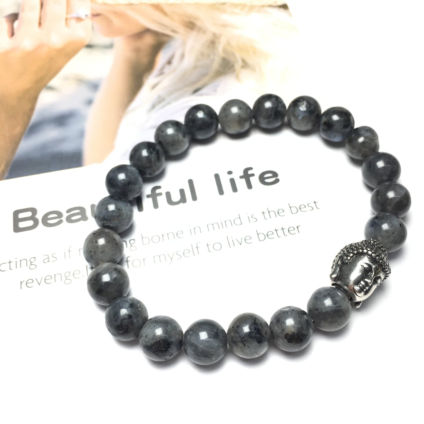 Labradorite Gemstone with Buddha Head Charm Handmade Elastic Bracelet