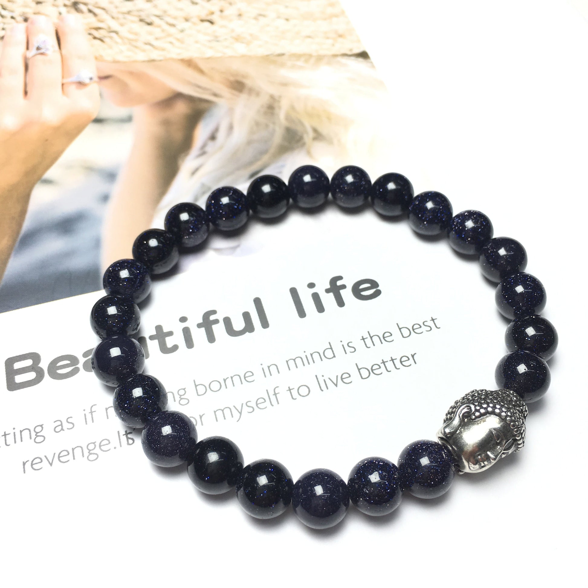 Blue Sandstone Gemstone with Buddha Head Charm Handmade Elastic Bracelet