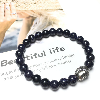 Blue Sandstone Gemstone with Buddha Head Charm Handmade Elastic Bracelet