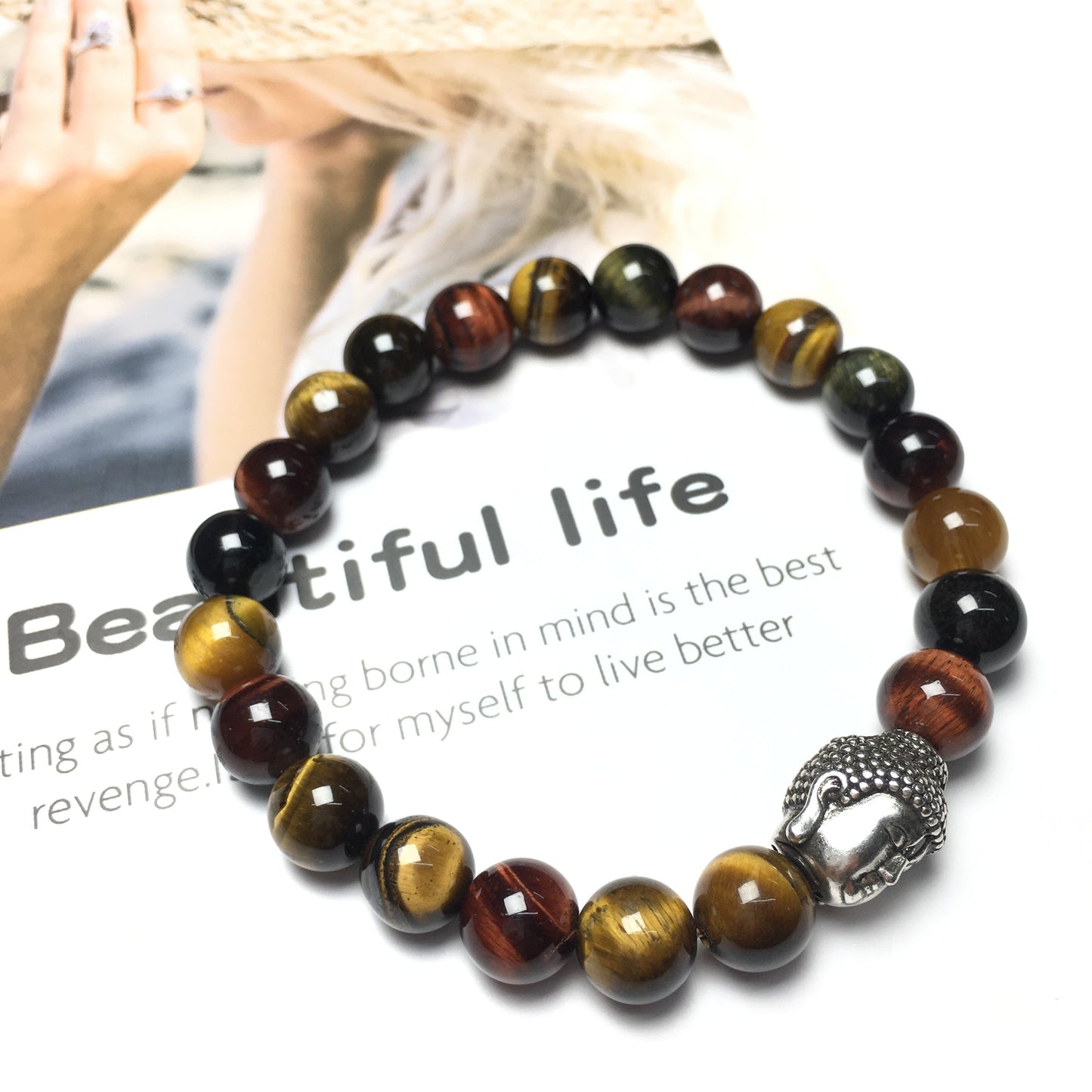Multi Color Tigereye Gemstone with Buddha Head Charm Handmade Elastic Bracelet