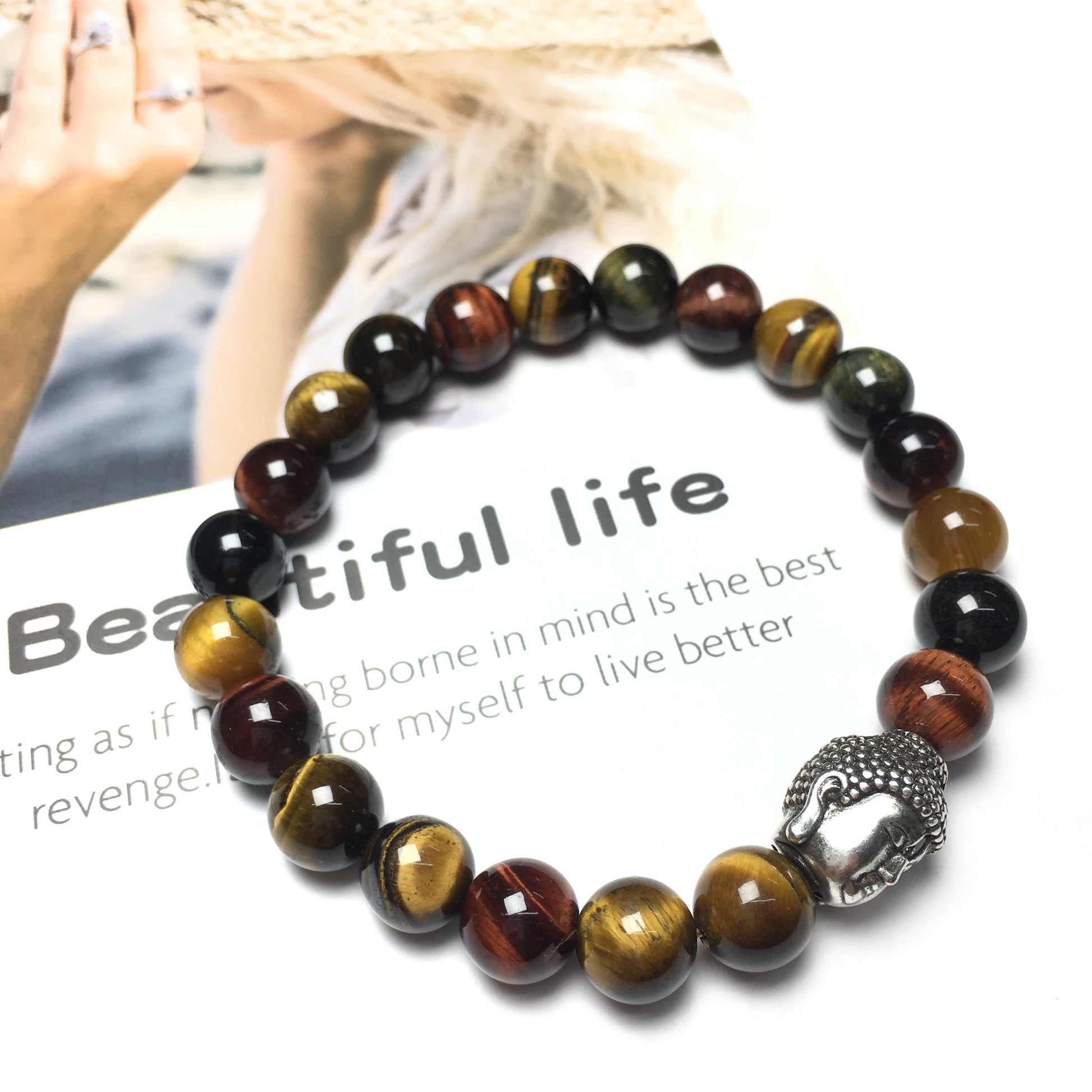 Multi Color Tigereye Gemstone with Buddha Head Charm Handmade Elastic Bracelet