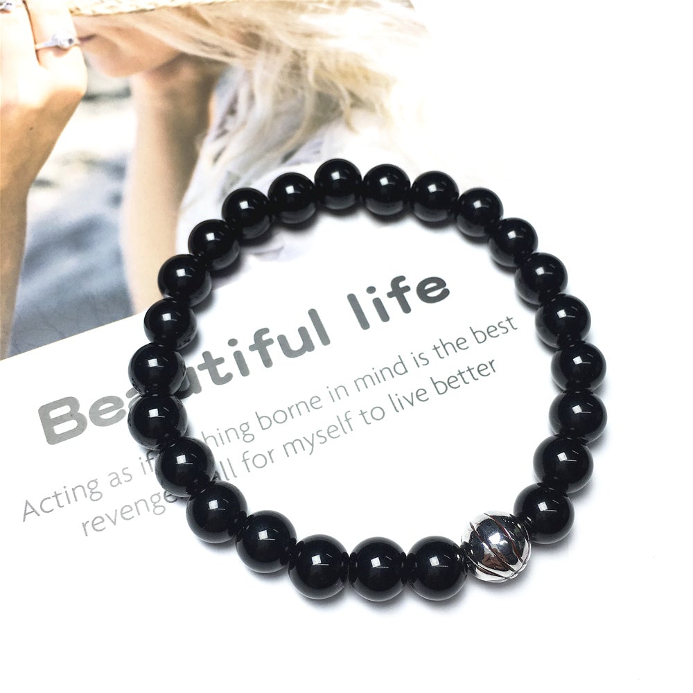 Handmade Natural Black Onyx Genuine Gemstones Basketball Charms Beads Bracelet