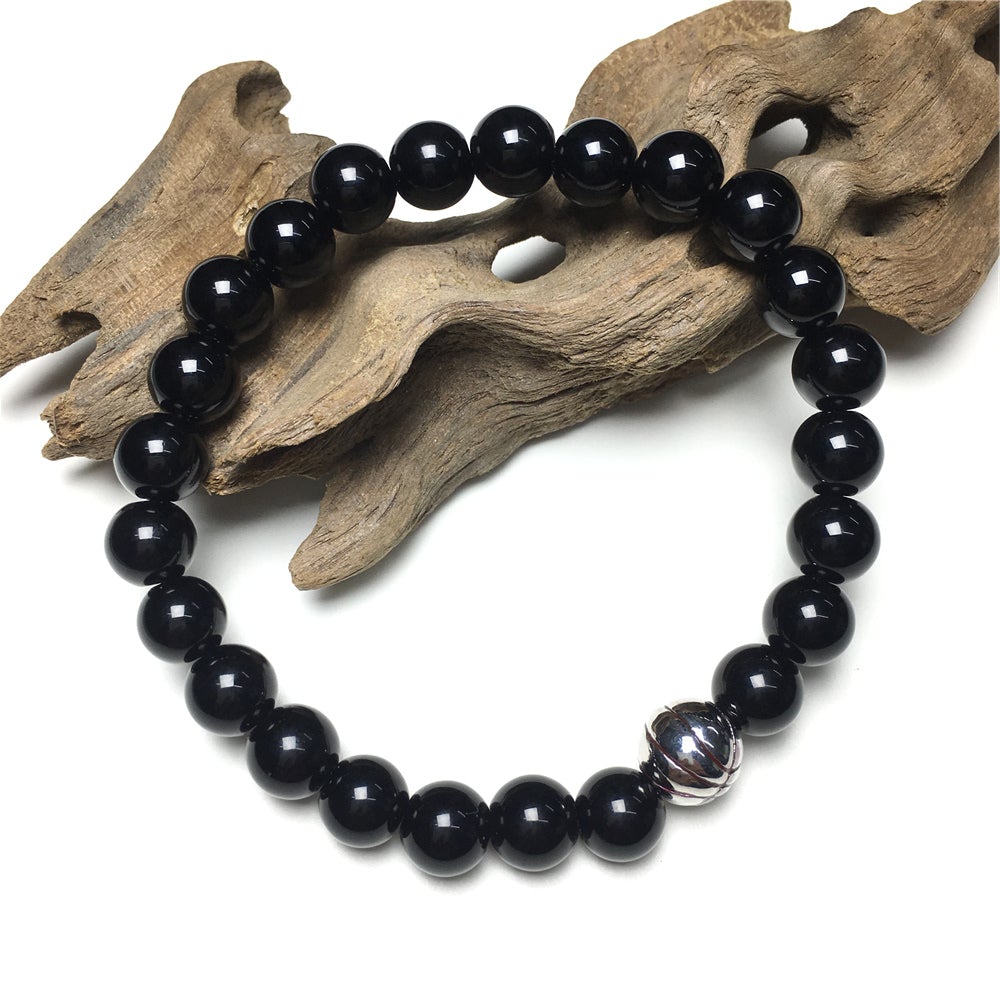 Handmade Natural Black Onyx Genuine Gemstones Basketball Charms Beads Bracelet