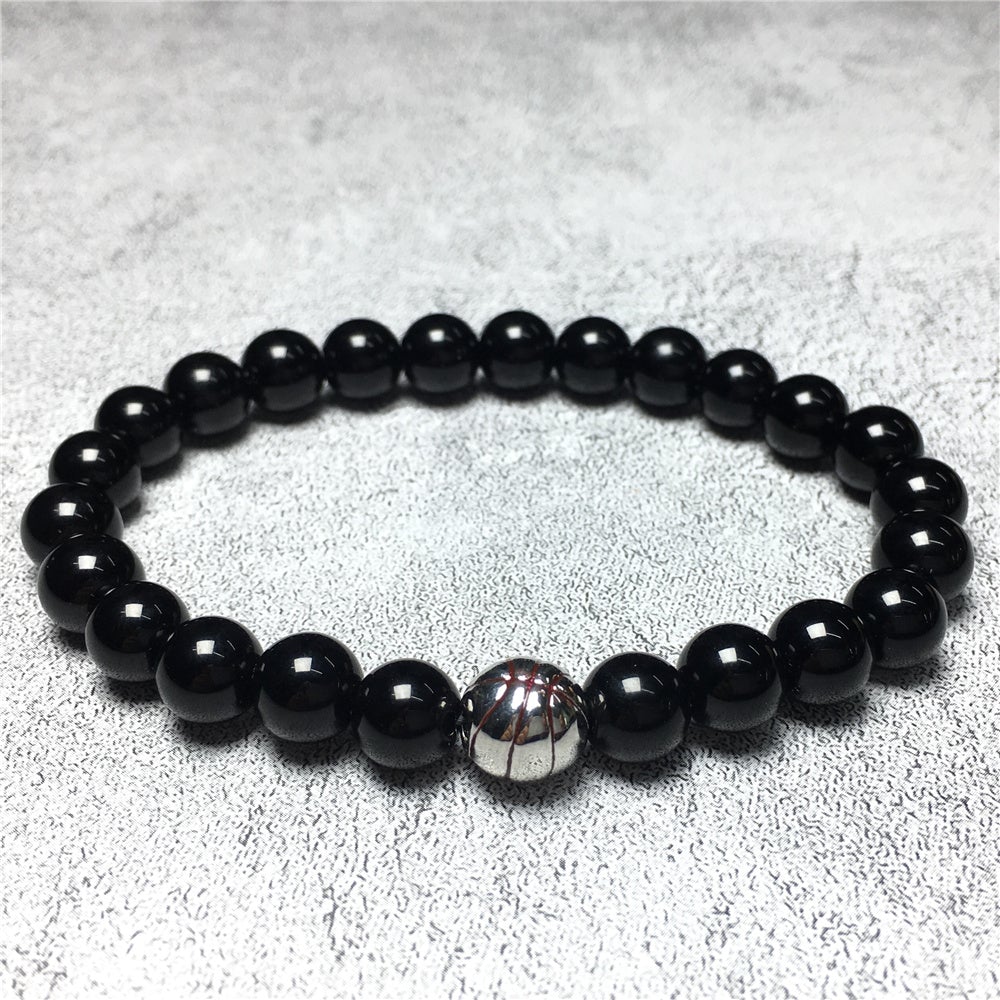 Handmade Natural Black Onyx Genuine Gemstones Basketball Charms Beads Bracelet