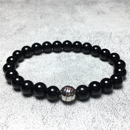 Handmade Natural Black Onyx Genuine Gemstones Basketball Charms Beads Bracelet