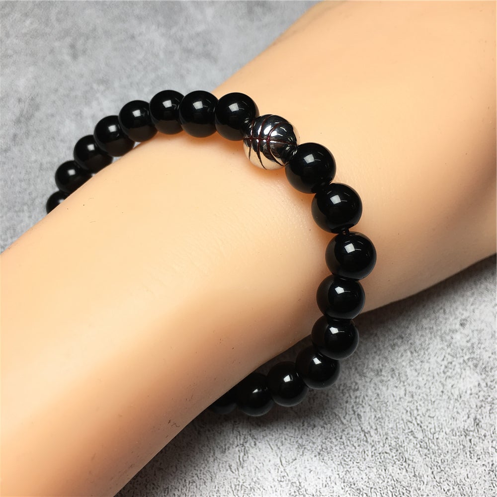 Handmade Natural Black Onyx Genuine Gemstones Basketball Charms Beads Bracelet