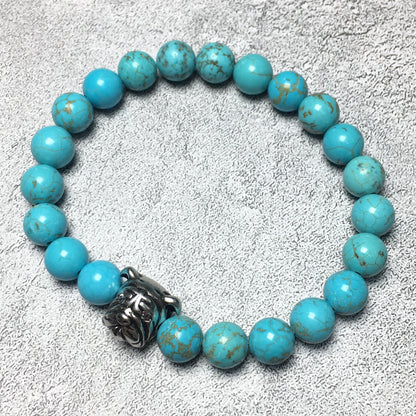 Blue Turquoise Gemstone Beaded Bracelet Elastic Adjustable Bracelet Bulldog StyleBlue Turquoise Gemstone Beaded Bracelet Elastic Adjustable Bracelet Bulldog Style