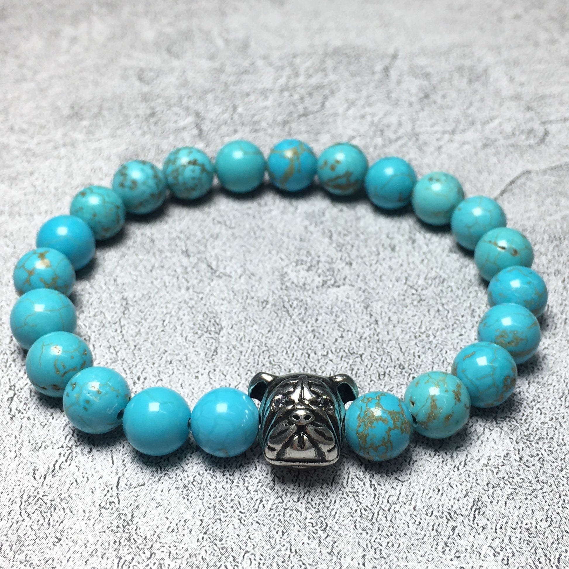 Blue Turquoise Gemstone Beaded Bracelet Elastic Adjustable Bracelet Bulldog Style