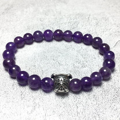 Purple Amethyst Gemstone Beaded Bracelet Elastic Adjustable Bracelet Bulldog Design