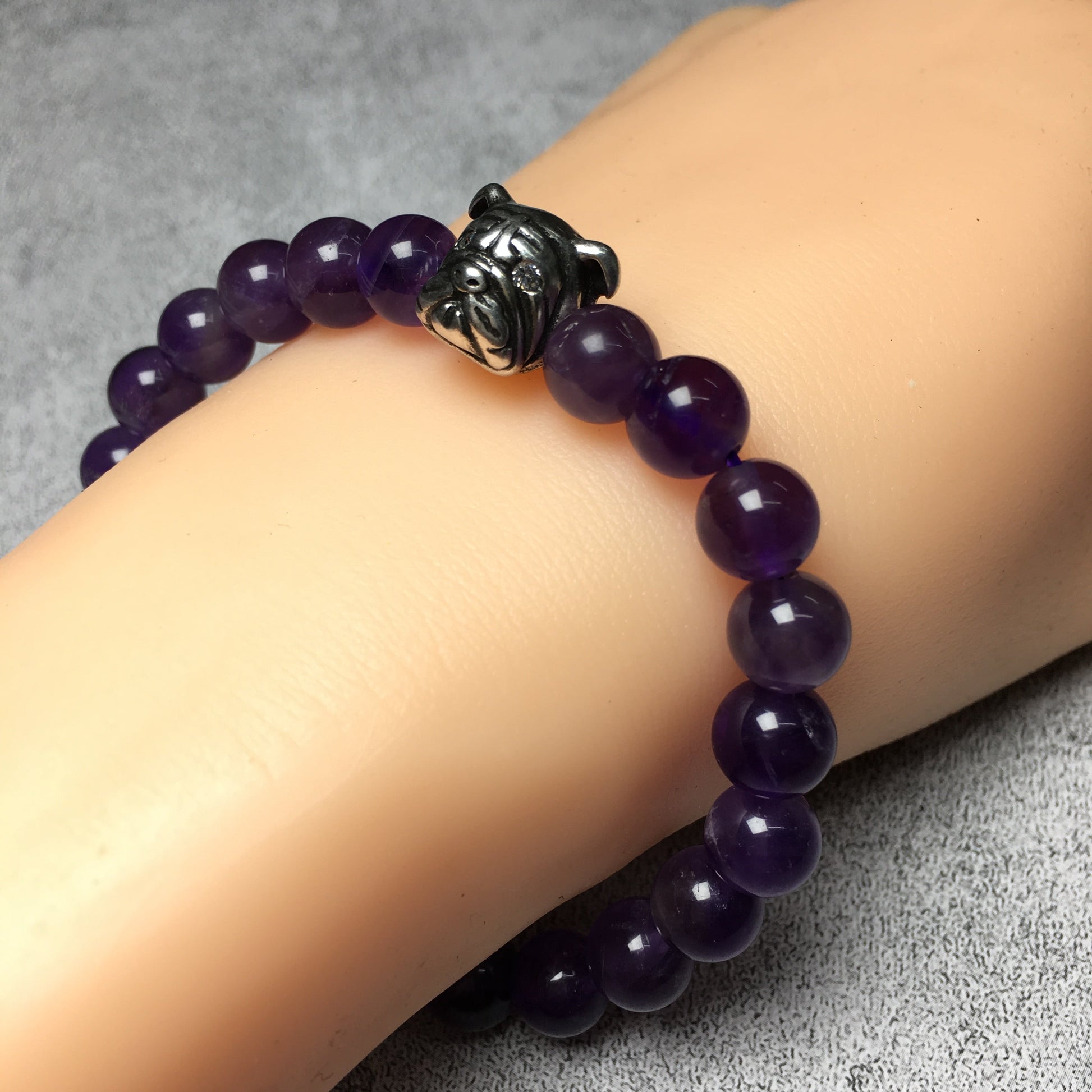 Purple Amethyst Gemstone Beaded Bracelet Elastic Adjustable Bracelet Bulldog Design