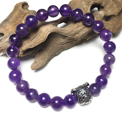 Purple Amethyst Gemstone Beaded Bracelet Elastic Adjustable Bracelet Bulldog Design