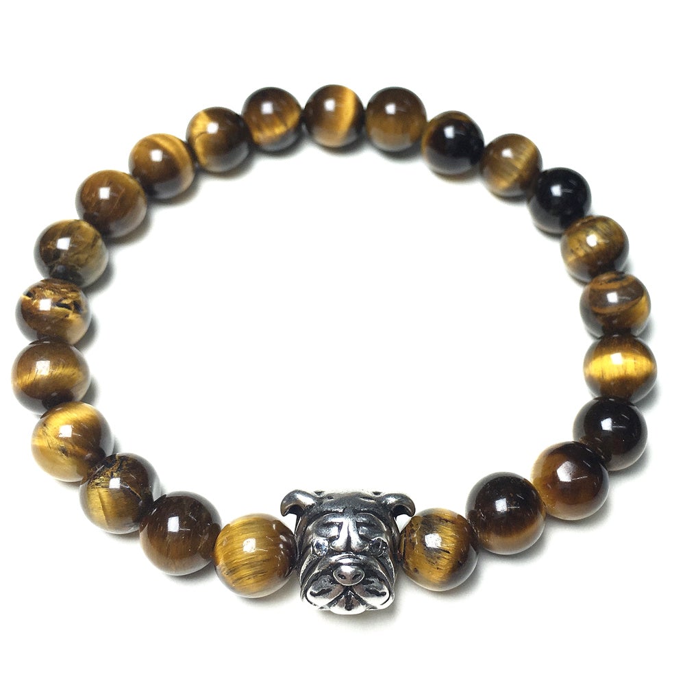 Tiger Eyes Gemstone Beaded Bracelet Elastic Adjustable Bracelet Bulldog Design