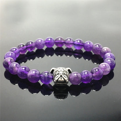 Purple Amethyst Gemstone Beaded Bracelet Elastic Adjustable Bracelet Bulldog Design