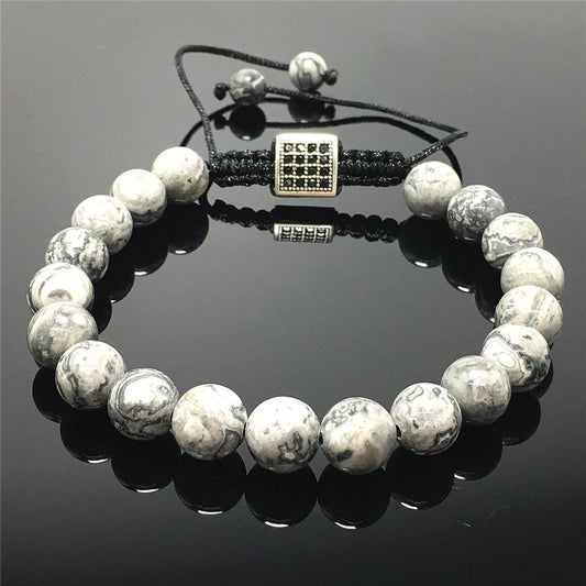 Natural Map Stone Gemstone Adjustable Braid Rope Bangles Stone Beads Bracelets