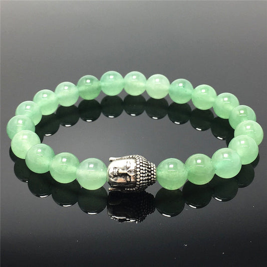 Green Adventurine Gemstone with Buddha Head Charm Handmade Elastic Bracelet