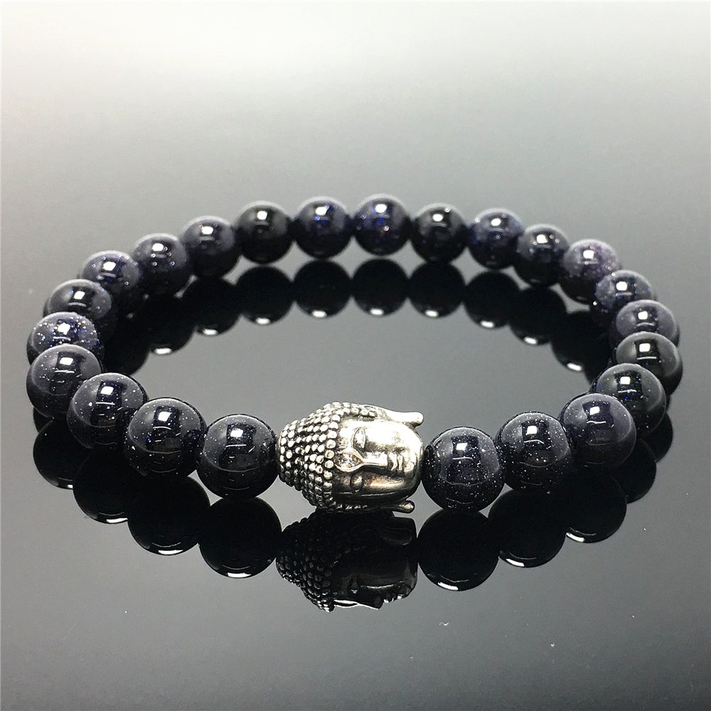Blue Sandstone Gemstone with Buddha Head Charm Handmade Elastic Bracelet