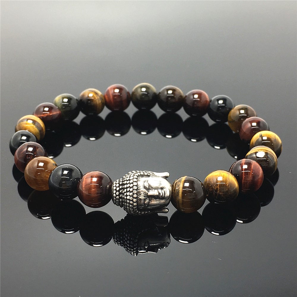 Multi Color Tigereye Gemstone with Buddha Head Charm Handmade Elastic Bracelet
