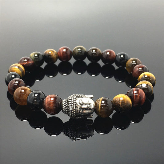 Multi Color Tigereye Gemstone with Buddha Head Charm Handmade Elastic Bracelet