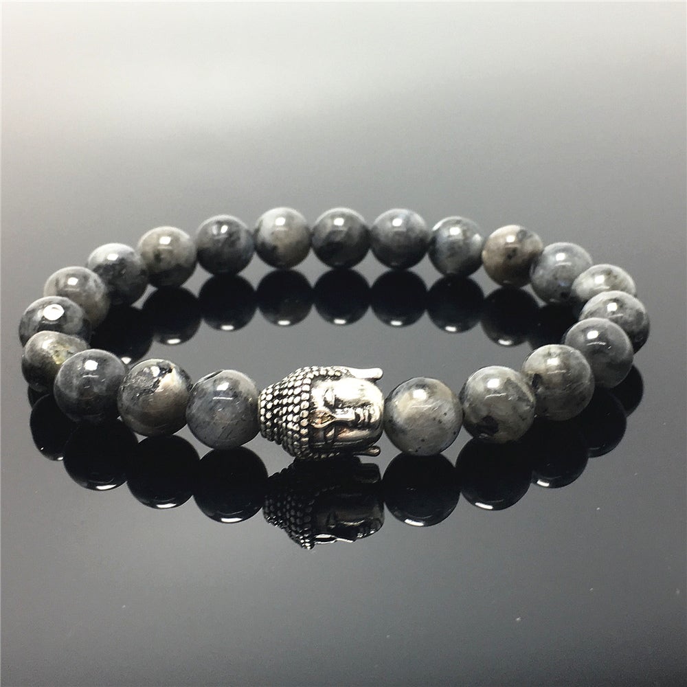 Labradorite Gemstone with Buddha Head Charm Handmade Elastic Bracelet
