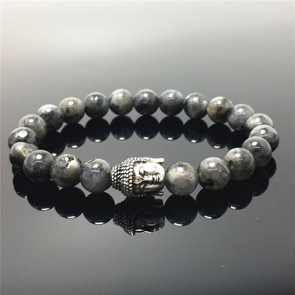Labradorite Gemstone with Buddha Head Charm Handmade Elastic Bracelet