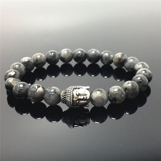 Labradorite Gemstone with Buddha Head Charm Handmade Elastic Bracelet