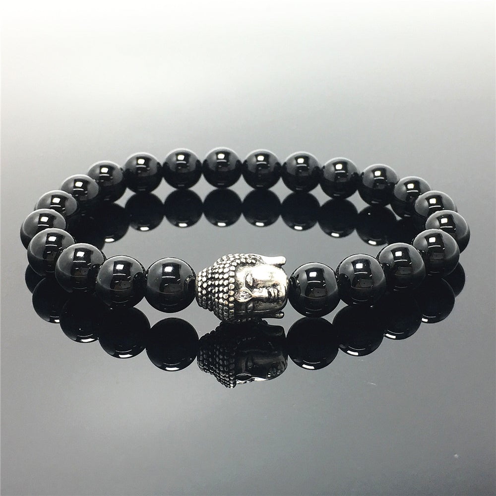 Black Onyx Gemstone with Buddha Head Charm Handmade Elastic Bracelet