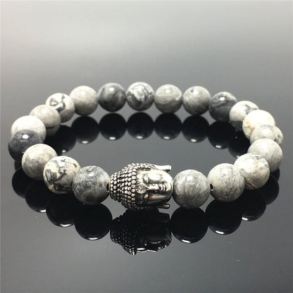 Map Stone Gemstone with Buddha Head Charm Handmade Elastic Bracelet