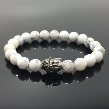 Howlite Gemstone with Buddha Head Charm Handmade Elastic Bracelet
