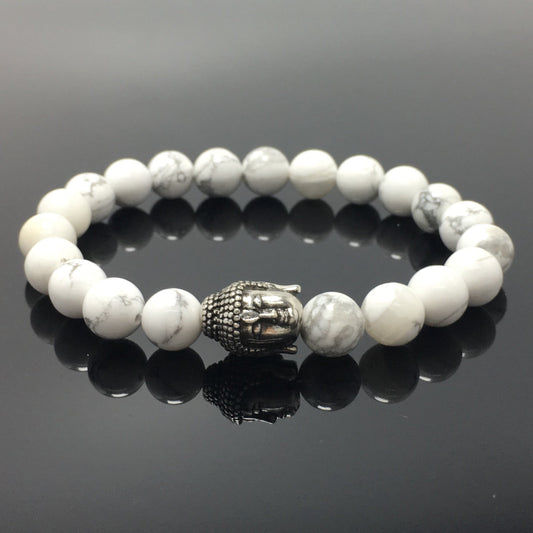 Howlite Gemstone with Buddha Head Charm Handmade Elastic Bracelet