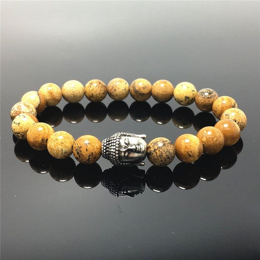 Picture Jasper Gemstone with Buddha Head Charm Handmade Elastic Bracelet