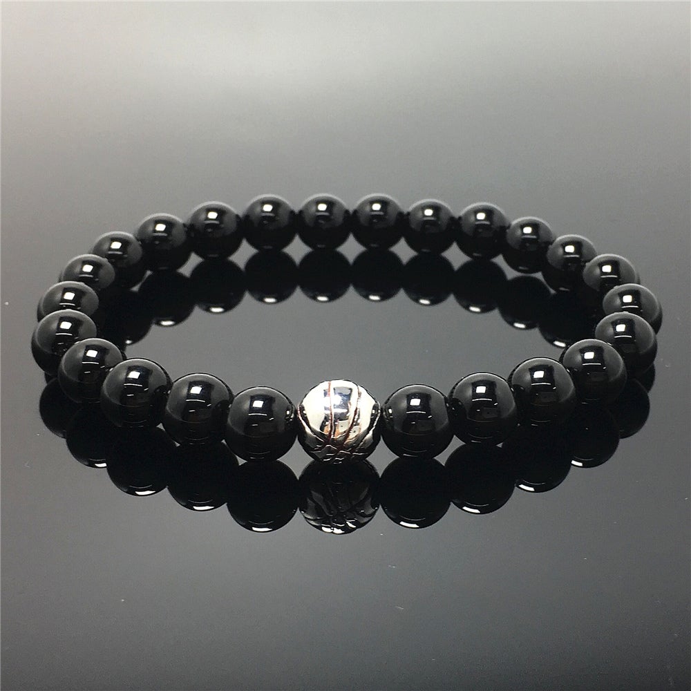 Handmade Natural Black Onyx Genuine Gemstones Basketball Charms Beads Bracelet