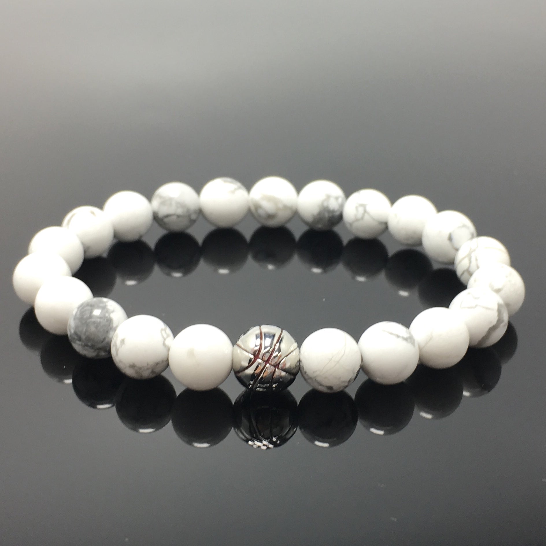 Handmade Natural Howlite Genuine Gemstones Basketball Charms Beads Bracelet