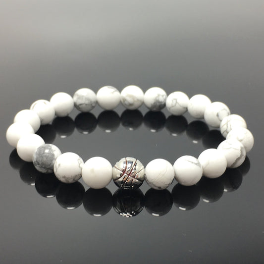 Handmade Natural Howlite Genuine Gemstones Basketball Charms Beads Bracelet