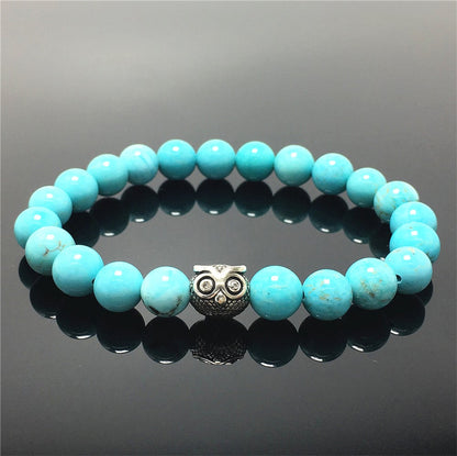 Natural Blue Turquoise Gemstone Elastic Handmade Beaded Bracelet Adjustable Bracelet Owl Design